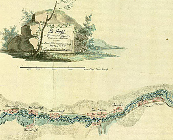 Zeichnung der Geisel mit den an ihr liegenden Orten und Mühlen von 1790 (C 48 IX, Lit. G Nr. 184). Zeichnung der Geisel mit den an ihr liegenden Orten und Mühlen von 1790 (C 48 IX, Lit. G Nr. 184).