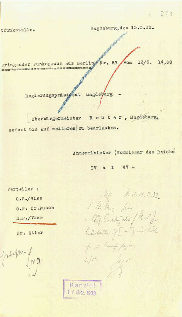 C 28 Ie I, Nr. 1451: Beurlaubung des Magdeburger Oberbürgermeisters Ernst Reuters 1933