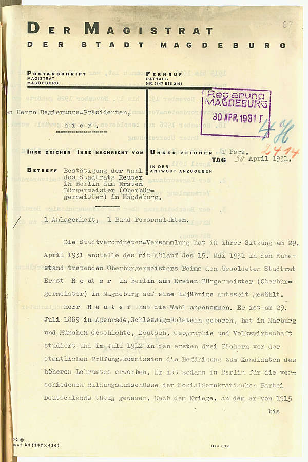 C 28 Ie I, Nr. 1451: Bestätigung der Wahl Ernst Reuters zum Oberbürgermeister von Magdeburg 1931 (Vorderseite)