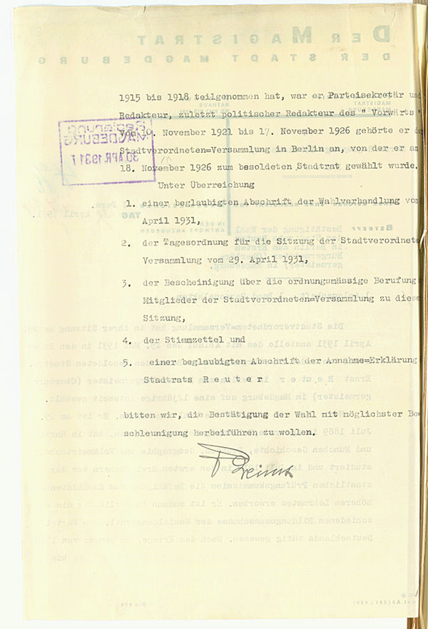 C 28 Ie I, Nr. 1451: Bestätigung der Wahl Ernst Reuters zum Oberbürgermeister von Magdeburg 1931 (Rückseite)