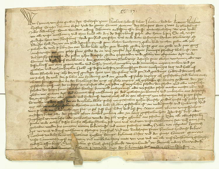 U 13, II 3 Nr. 2: Heinrichs Abts und des Konvents des Klosters S. Petri in der Altenburg bei Merseburg Verschreibung über 10 Gulden Rheinisch jährlichen Zinses an Simon Merlewitz und dessen Ehefrau Agnes auf beider Lebenszeit (1439). Klicken zum Vergrö