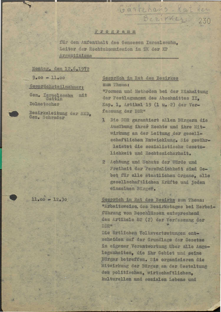 M1, Nr. 8756/1, Bl. 230: Programm für den Aufenthalt des Argentiniers Israelsohn 1972... Abbildung M1, Nr. 8756/1, Bl. 230: Programm für den Aufenthalt des Argentiniers Israelsohn 1972...
