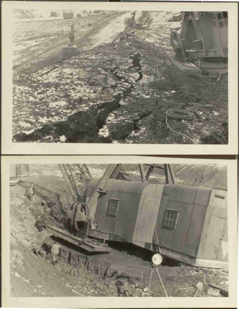 Aus F 90, Nr. 73: „Abrutschen des Schreitbaggers II am 10. März 1958 im VEB Eisenerzgruben West Badeleben“ Abbildung aus F 90, Nr. 73: „Abrutschen des Schreitbaggers II am 10. März 1958 im VEB Eisenerzgruben West Badeleben“