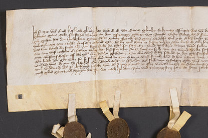 Die Gebrüder Fritze und Erich Haselbach, sowie die Gebrüder Jan und Erich von Queitz geloben den Fürsten Otto III., Bernhard V. und Rudolf von Anhalt im Jahre 1399 Urfehde (Z 1, Nr. 1242). Mit Klick zur Ansicht im Viewer gelangen. Abbildung Die Gebrüder Fritze und Erich Haselbach, sowie die Gebrüder Jan und Erich von Queitz geloben den Fürsten Otto III., Bernhard V. und Rudolf von Anhalt im Jahre 1399 Urfehde (Z 1, Nr. 1242). Mit Klick zur Ansicht im Viewer gelangen.