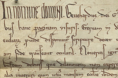 Anfangszeilen einer Urkunde des Abts zu Nienburg („Gevehardus“) von 1206 (Z 1, Nr. 84b). Mit Klick zur Ansicht im Viewer gelangen. Abbildung Anfangszeilen einer Urkunde des Abts zu Nienburg („Gevehardus“) von 1206 (Z 1, Nr. 84b). Mit Klick zur Ansicht im Viewer gelangen.