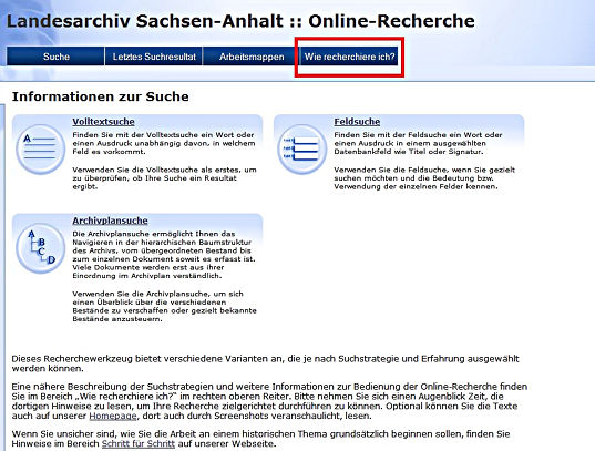 Die Startseite unserer Recherchedatenbank. Die Startseite unserer Recherchedatenbank. Der Hilfebereich ist markiert.