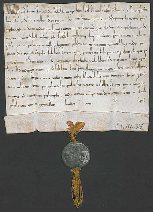 Z 1, Nr. 35: Papst Innocenz II. nimmt die Gräfin Eilika in seinen besonderen Schutz (1141). Mit Klick zum Digitalisat im Viewer gelangen. Abbildung einer Urkunde. Papst Innocenz II. nimmt die Gräfin Eilika in seinen besonderen Schutz (1141). Mit Klick zum Digitalisat im Viewer gelangen.