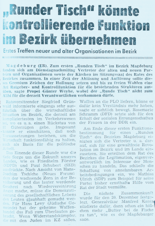 Volksstimmeartikel vom 6. Dez. 1989 zum Runden Tisch Volksstimmeartikel vom 6. Dez. 1989 zum Runden Tisch