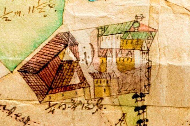 „Geometrischer Grundriß von dem Hochfürstl[ichen] Schloß […] Vorwerk [zu] Ballenstedt, 1728“. (LASA, Slg. 18, Ba 14) 