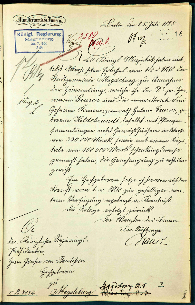 Zuwendungen des Dr. jur. Gruson und der verwitweten Kommerzienrat, Frau Gruson zu Ge-wächshauszwecken (LASA, C 28 Ie I, Nr. 1667)