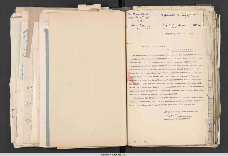 Gesuch des Meier Kleinmann um Aufhebung des Ausweisungsbescheids, Magdeburg, 6. Juli 1926 (LASA, C 20 I, Ib Nr. 1749 Bd. 2)