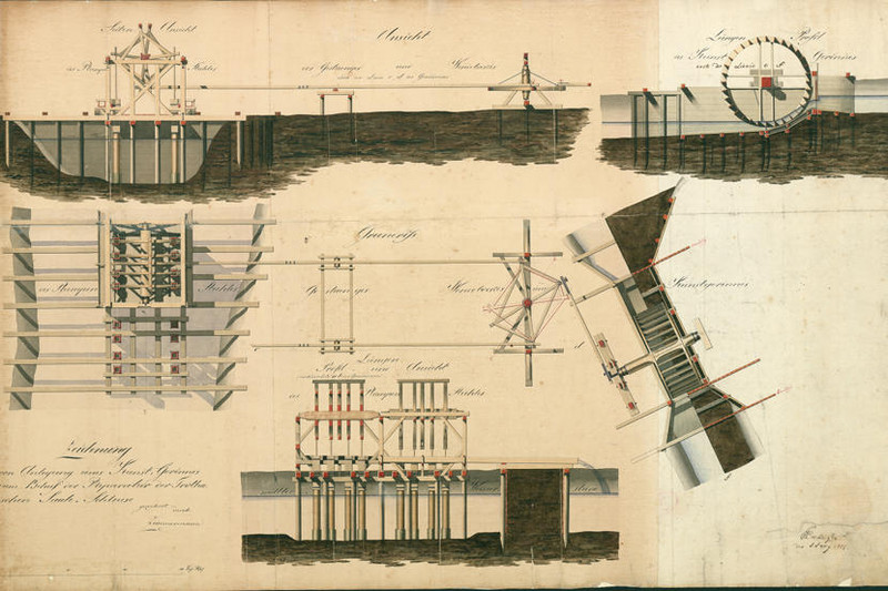 C 48 IX, Lit. N Nr. 83: Zeichnung von der Wasserkunst zur Reparatur der Trothaer Schleuse (1812). Mit Klick zum Digitalisat im Viewer gelangen. Abbildung C 48 IX, Lit. N Nr. 83: Zeichnung von der Wasserkunst zur Reparatur der Trothaer Schleuse (1812). Mit Klick zum Digitalisat im Viewer gelangen.
