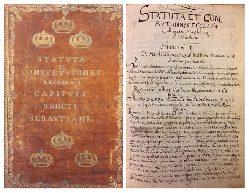 A 4c, S Nr. 35: Statuten- und Matrikelbuch, enthält u.a. Namen der Kanoniker ab 1587. Klicken zum Vergrößern. Abbildung A 4c, S Nr. 35: Statuten- und Matrikelbuch, enthält u.a. Namen der Kanoniker ab 1587. Klicken zum Vergrößern.