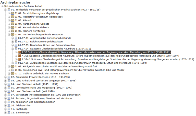Ansicht der Onlinerecherche des Landesarchivs