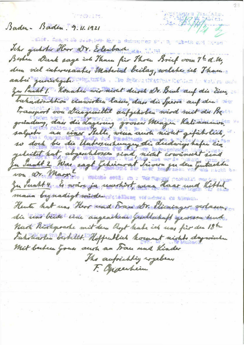 Schreiben Franz Oppenheims an Arnold Erlenbach, Baden-Baden, 9. November 1921 (LASA, I 532, Nr. 535, Bl. 23)