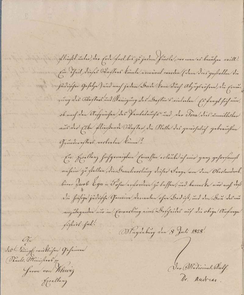 Gesuch des Dr. Andreae an den Oberpräsidenten zum Bau einer Synagoge und einer Mikwe vom 8. Juli 1828. (LASA, C 20 I, Ia Nr. 2357, Bl. 3 RS)