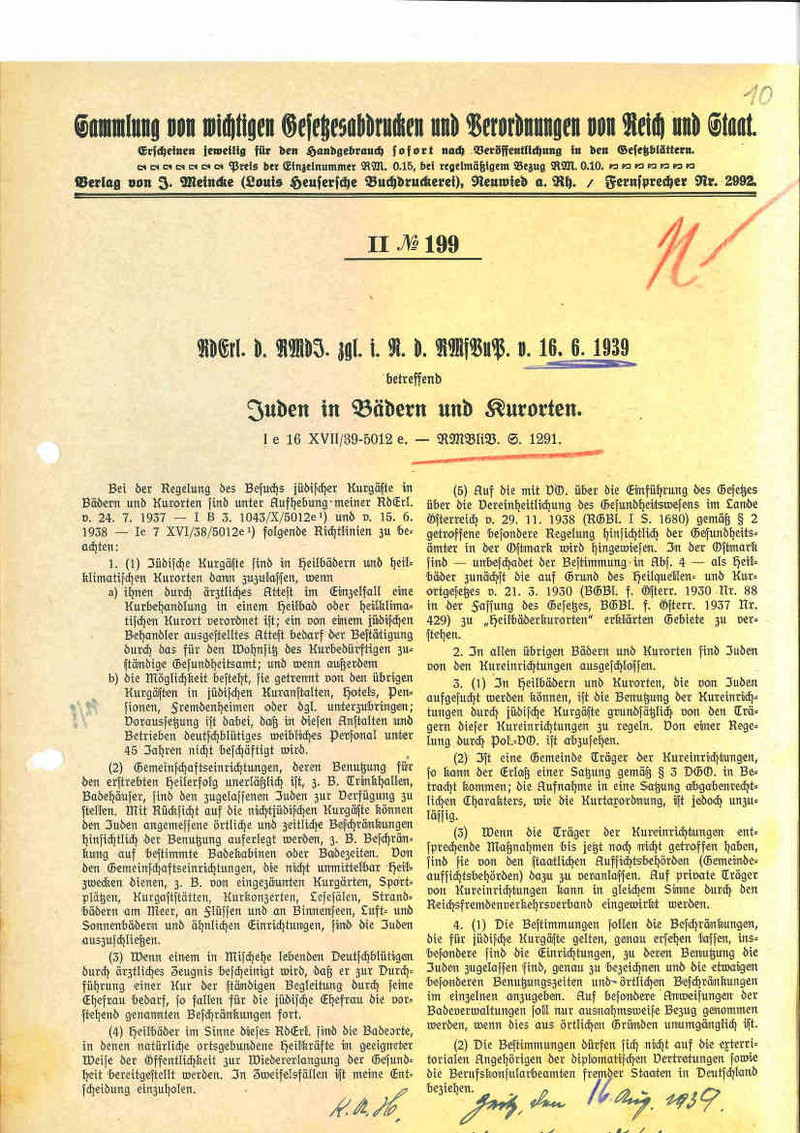 Runderlass des Reichs- und Preußischen Ministers des Innern betreffend „Jüdische Kurgäste in Bädern und Kurorten“ vom 16. Juni 1939 (LASA, C 50 Zeitz B, Nr. 273, Bl. 10 VS).