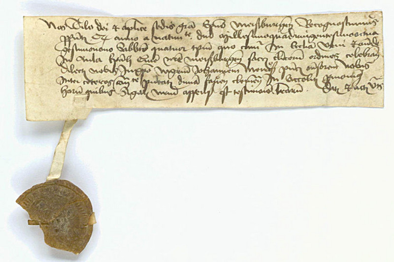 U 13, I Nr. 18: Thilos, Bischofs von Merseburg, Ordinationszeugnis für M. Johann Mewis (1489). Klicken zum Vergrößern.