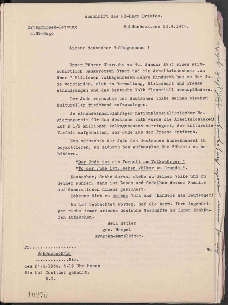 Einschüchterungsversuche der NS-Hago Schönebeck an Kaufhauskunden (LASA, C 20 I, Ib Nr. 2678 Bd. 3)