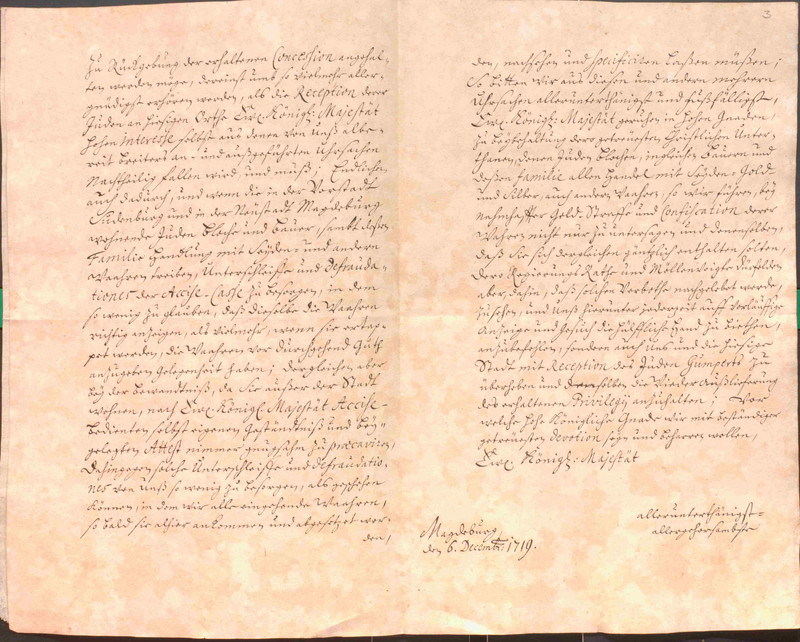 Bittschrift der Seidenkrämerinnung und der Bürgerschaft der Stadt Magdeburg gegen die Niederlassung von Juden und deren Handelstätigkeit vor Ort, 6. Dezember 1719 (LASA, H 124, Nr. 1021, Bl. 2-3)