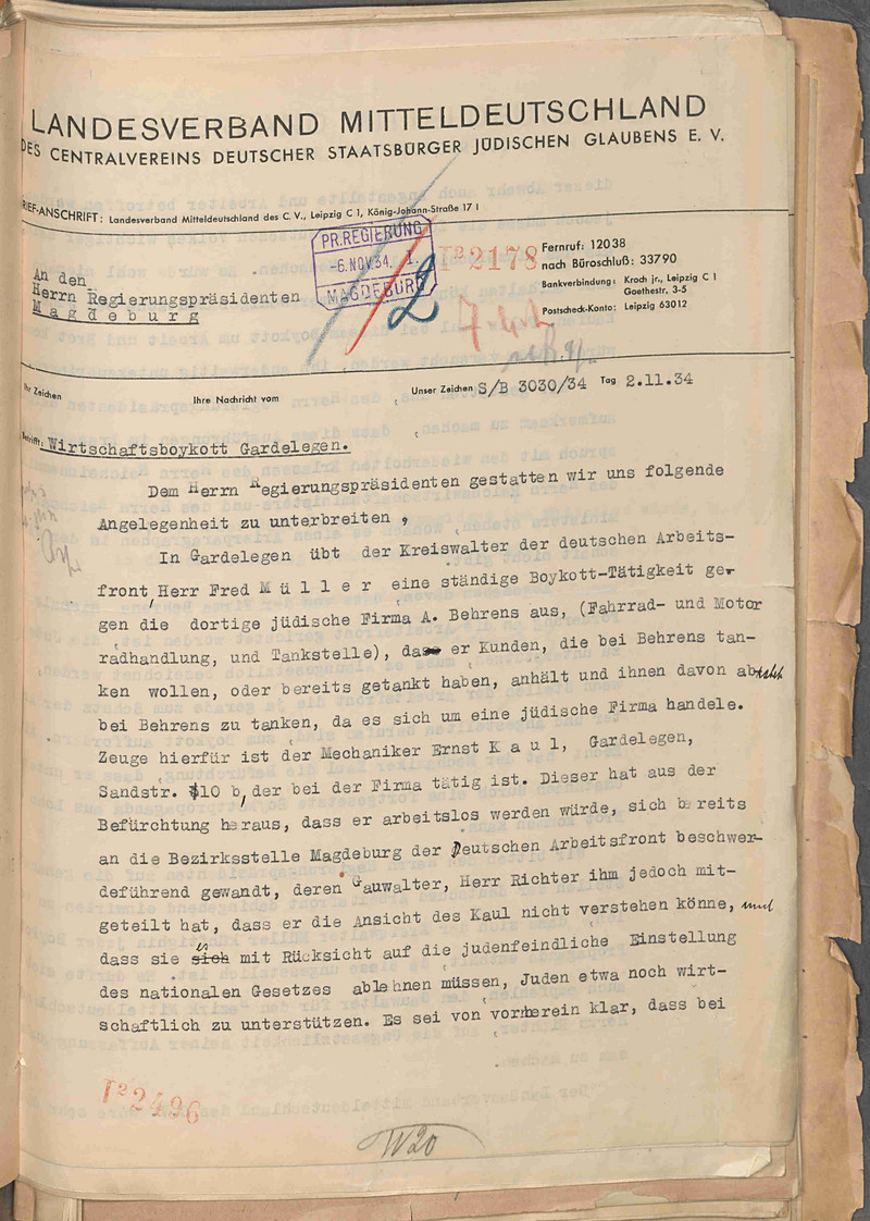 Beschwerde des Zentralvereins deutscher Staatsbürger jüdischen Glaubens e.V. an die Regierung in Magdeburg gegen den Boykott der jüdischen Fahrrad- und Motorradhandlung und Tankstelle des A. Behrens in Gardelegen, 2. November 1934 (LASA, C 28, If Nr. 935 Bd. 1)