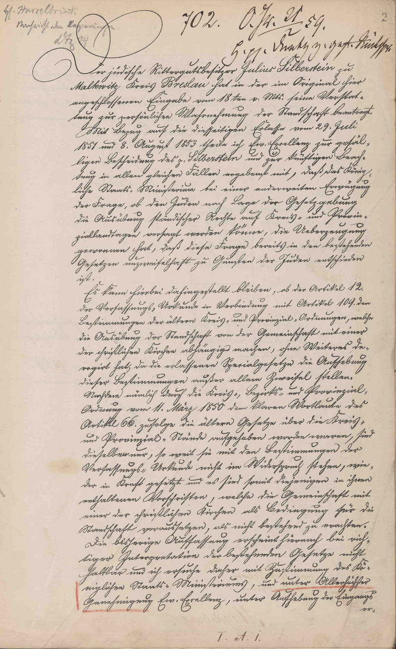 Abschrift des Reskripts des Innenministers an die Oberpräsidenten aller preußischen Provinzen über die Zulassung jüdischer Rittergutsbesitzer zu den Kreistagen in der Provinz Sachsen, 16. Februar 1859