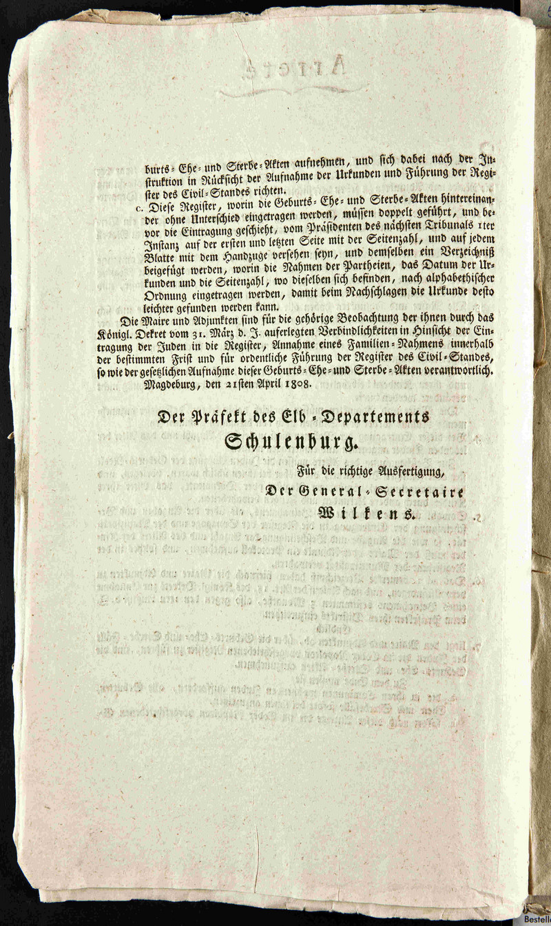 Dekret zur Einrichtung eines Konsistoriums und Bestellung von Syndiken zur Aufsicht über den jüdischen Gottesdienst vom 31. März 1808 (LASA, B 19d, Nr. 100, Bl. 6 RS)