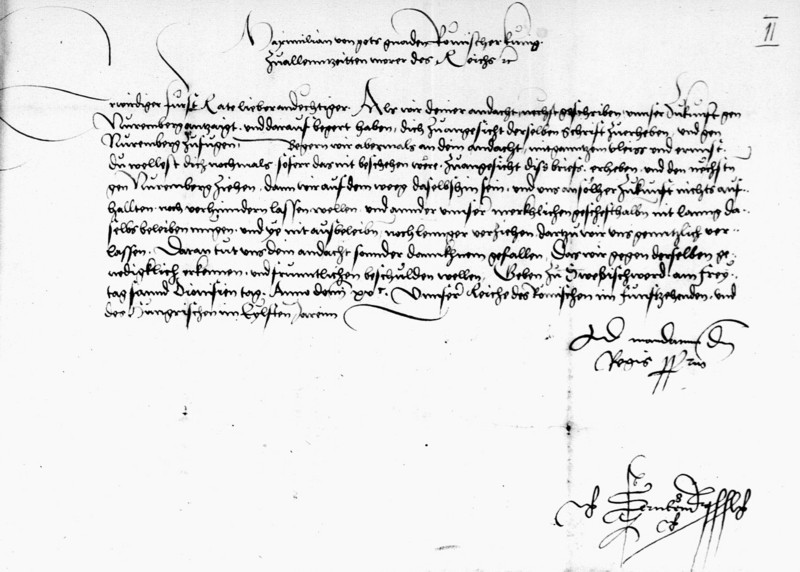 Streitigkeiten der Erzbischöfe von Magdeburg mit dem Erzbischof von Salzburg wegen des Vorrangs auf der geistlichen Fürstenbank: Kaiser Maximilian I. lädt den Erzbischof von Magdeburg und Administrator von Halberstadt, Ernst von Sachsen nach Nürnberg, Schwäbischwerd, 9. Oktober 1500 (A 1, Nr. 275, Bl. 2)