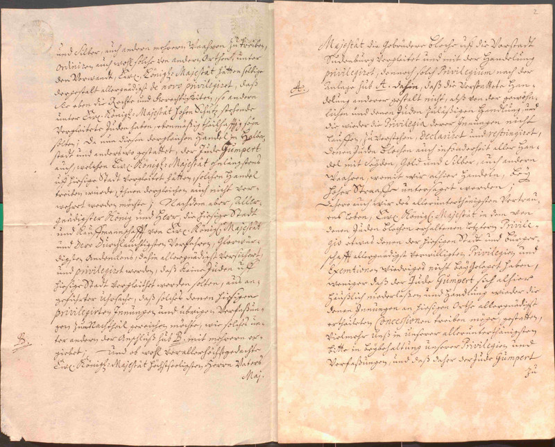 Bittschrift der Seidenkrämerinnung und der Bürgerschaft der Stadt Magdeburg gegen die Niederlassung von Juden und deren Handelstätigkeit vor Ort, 6. Dezember 1719 (LASA, H 124, Nr. 1021, Bl. 1-2)