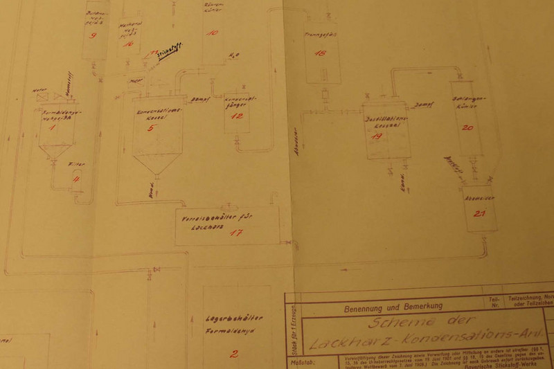 I 572, Nr. 1157: Schema der Lackharz-Kondensationsanlage, 1947. Klicken zum Vergrößern. Abbildung I 572, Nr. 1157: Schema der Lackharz-Kondensationsanlage, 1947. Klicken zum Vergrößern.
