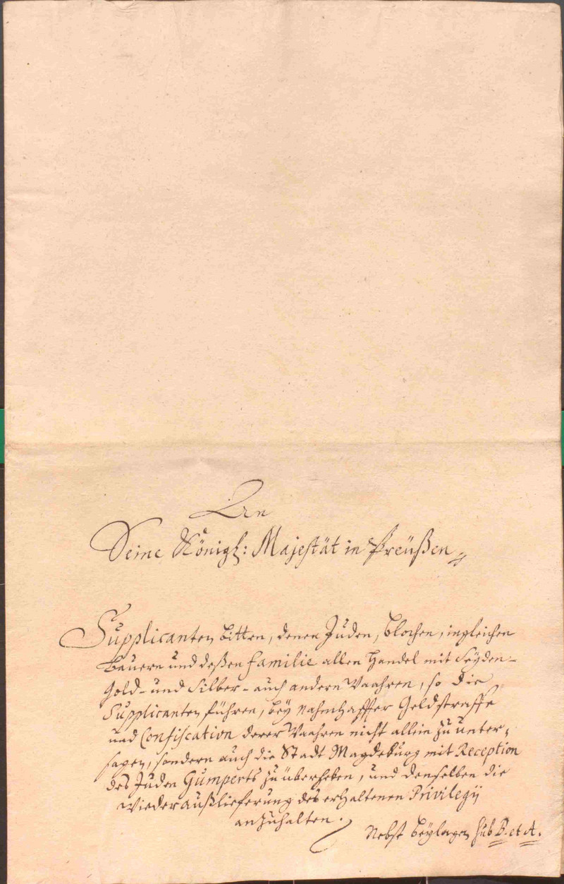 Bittschrift der Seidenkrämerinnung und der Bürgerschaft der Stadt Magdeburg gegen die Niederlassung von Juden und deren Handelstätigkeit vor Ort, 6. Dezember 1719 (LASA, H 124, Nr. 1021, Bl. 3 RS)