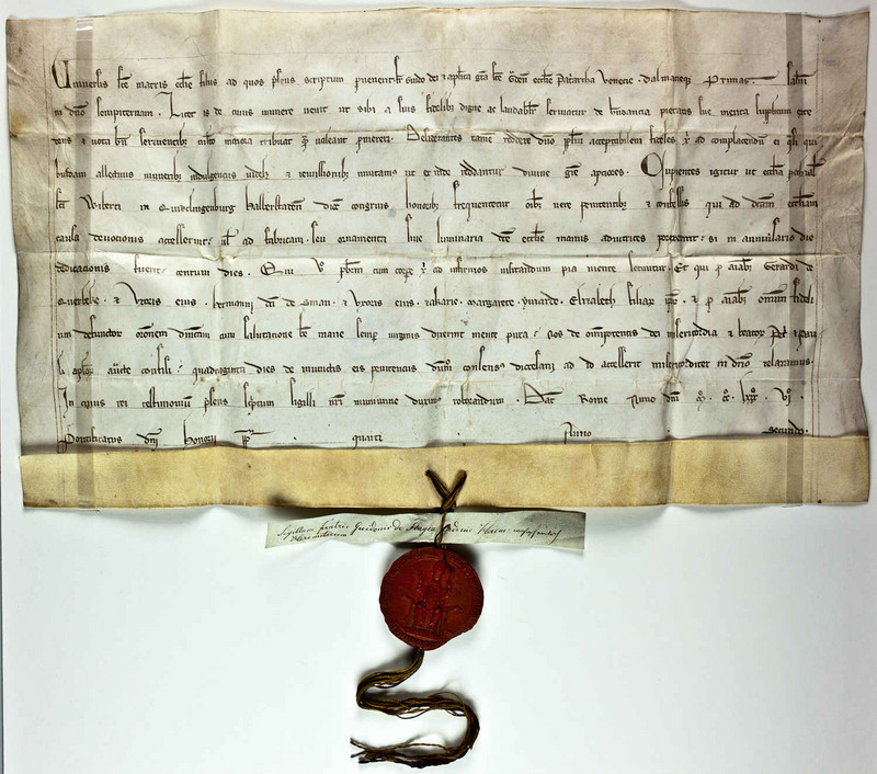 Ablassurkunde des Primas von Venetien und Dalmatien für das Quedlinburger Walpertistift (U 9, C I Nr. 52) Abbildung Ablassurkunde des Primas von Venetien und Dalmatien für das Quedlinburger Walpertistift (U 9, C I Nr. 52). Klicken zum Vergrößern.