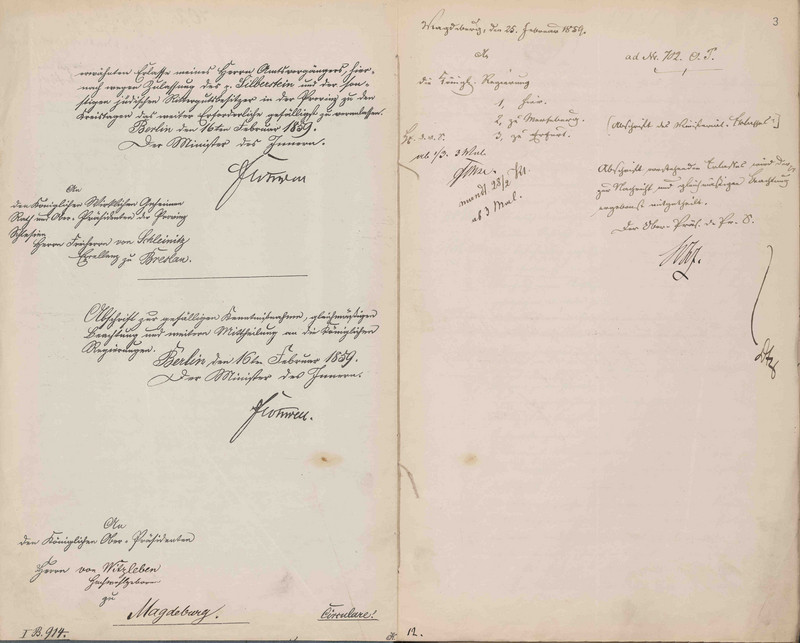 Abschrift des Reskripts des Innenministers an die Oberpräsidenten aller preußischen Provinzen über die Zulassung jüdischer Rittergutsbesitzer zu den Kreistagen in der Provinz Sachsen, 16. Februar 1859