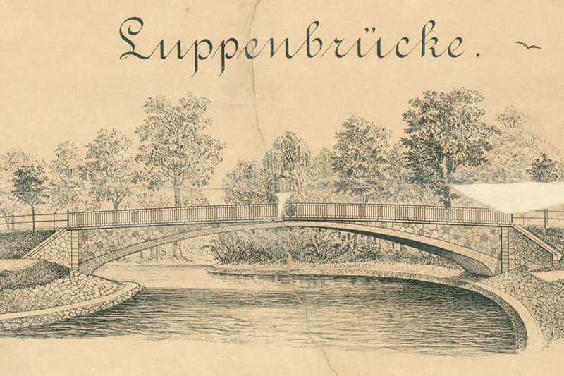 C 48 IX, Lit. L Nr. 175a, b: Luppebrücke im Zuge der Großdölzig-Schkeuditzer Straße (1898). Mit Klick zum Digitalisat im Viewer gelangen. AbbildungC 48 IX, Lit. L Nr. 175a, b: Luppebrücke im Zuge der Großdölzig-Schkeuditzer Straße (1898). Mit Klick zum Digitalisat im Viewer gelangen.