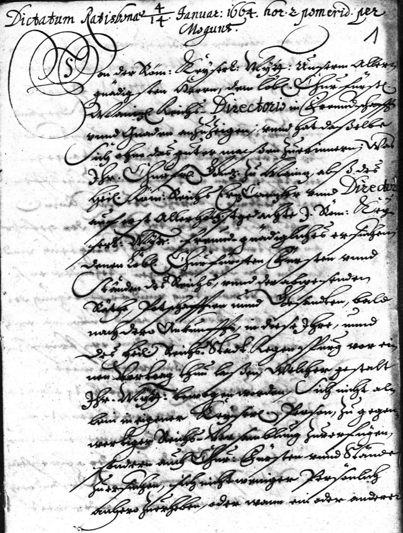 Tagebuch des erzstiftzischen Gesandten am Reichstag zu Regensburg, 1664 (A 1, Nr. 512, Bd. 1, Bl. 1).